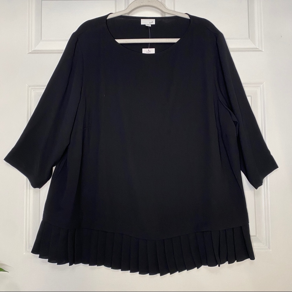 J. Jill Black Pleated Ruffle Hem Blouse 3/4 Sleeve Top New With Tags Size 2X